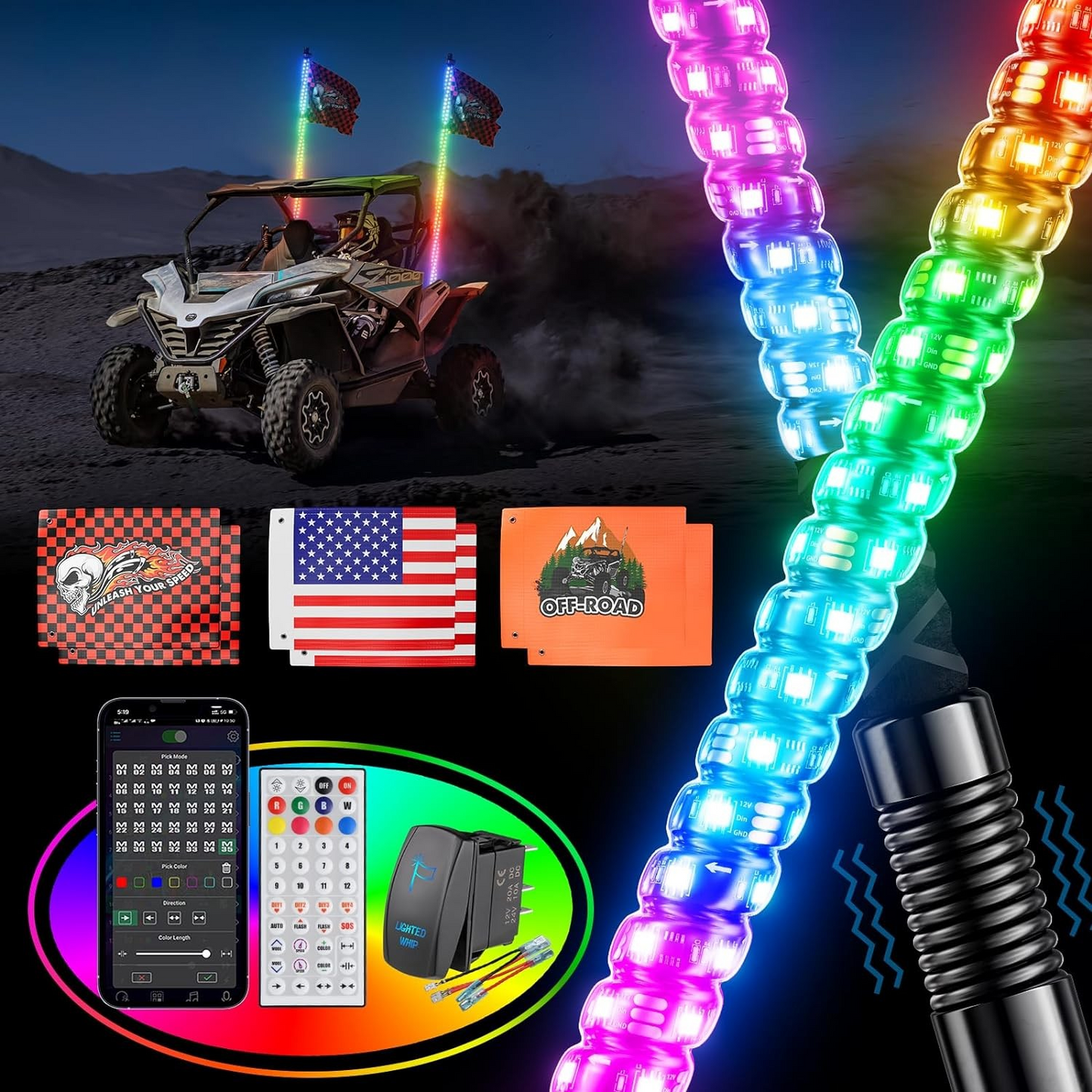 2PCS 3FT UTV SxS Whip Lights